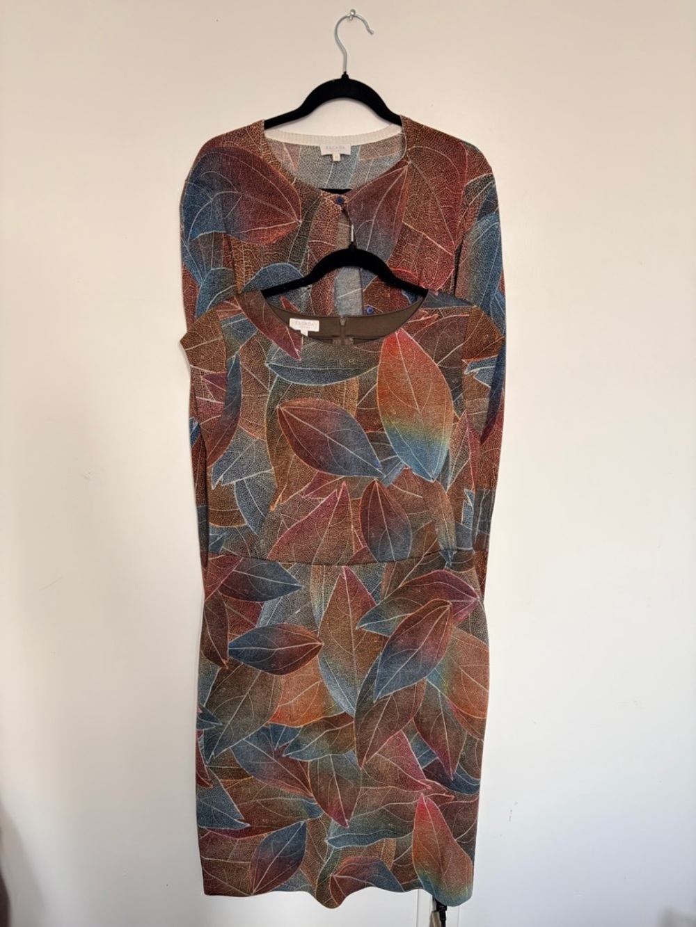 Escada Multicolor Leaf-Print Midi Dress with Matching Cardigan in Same Print